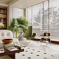 Modern Living Room Sofa Coffee Table Set With White Sofa Green Chair And Large Plant
