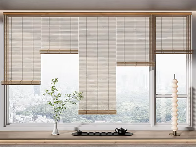 Elegant Bamboo Window Blinds With Green Plant Tea Set And Urban View 3d model