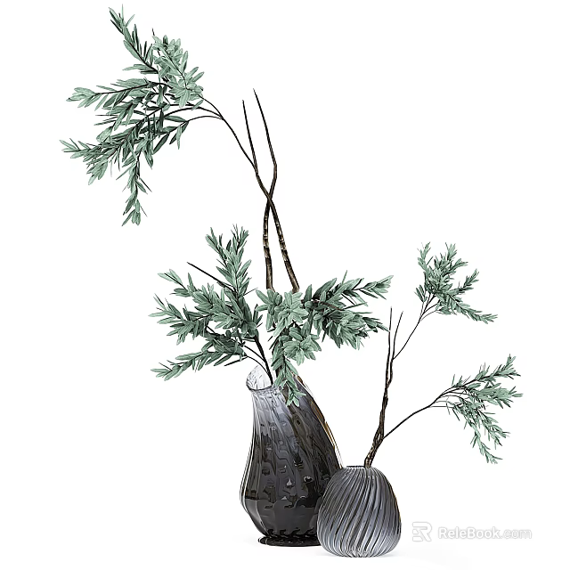 Modern Decorative Vase With Green Foliage Branches For Home Interior 3d model