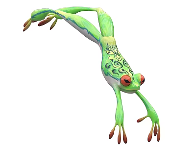 Vibrant Green Reptile With Red Eyes Stretching Limbs And Intricate Patterns 3d model