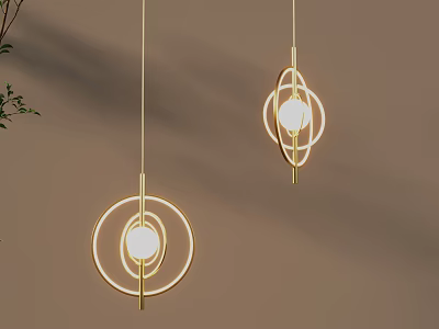 Modern Pendant Lights With Golden Circular Frames And Glowing Spheres In Minimalist Interior Space 3d model