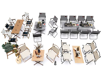 Stylish Durable Outdoor Chairs With Wooden Tables For Garden Patio And Plants 3d model