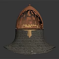Ancient Decorative Helmet With Copper Dome Top Golden Visor And Gray Mesh Neck Guard