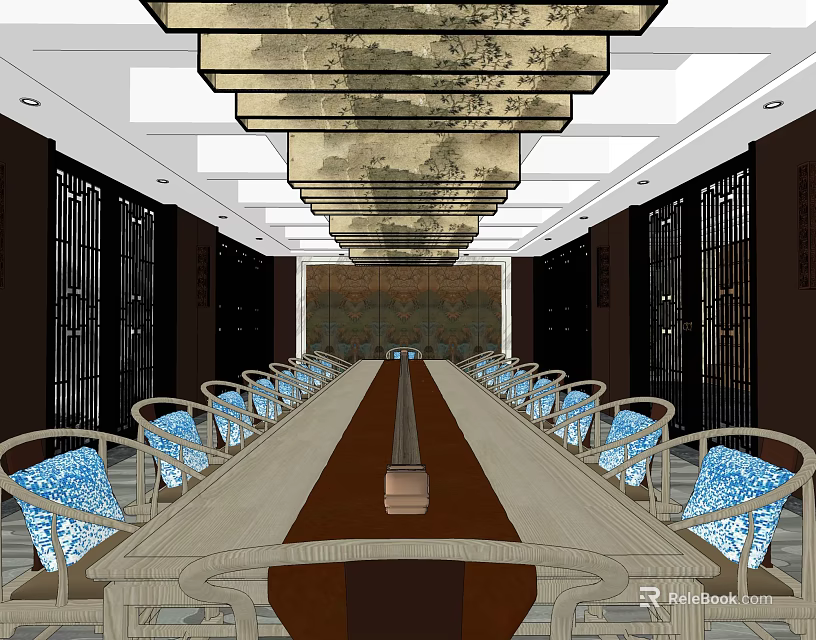 Conference Room with Long Table Chairs with Blue Cushions Layered Pendant Lights and Side Screens 3d model 