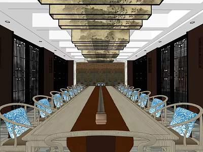 Conference Room with Long Table Chairs with Blue Cushions Layered Pendant Lights and Side Screens 3d model