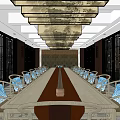 Conference Room with Long Table Chairs with Blue Cushions Layered Pendant Lights and Side Screens