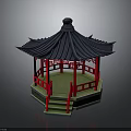Traditional Chinese Pavilion With Curved Roof Red Pillars And Wooden Railings
