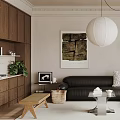 Modern Living Room Interior With Black Leather Sofa White Pendant Light Decorative Painting And Plants