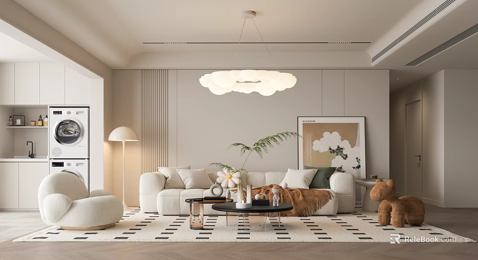Modern Living Room With White Sofa Cloud Chandelier Green Plant And Geometric Rug 3d model 