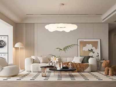 Modern Living Room With White Sofa Cloud Chandelier Green Plant And Geometric Rug 3d model