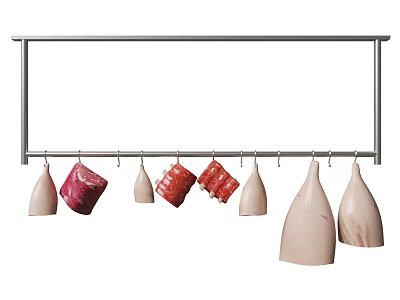 Assorted Cuts Of Fresh Meat Hanging On Metal Display Rack 3d model