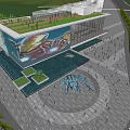 Modern Sales Office Building With Glass Curtain Wall Metal Frame Water Pool And Trees