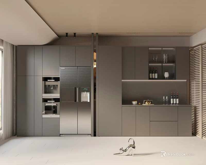 Modern Gray Kitchen Interior Design With Cabinets Refrigerator Oven And Window Features 3d model 
