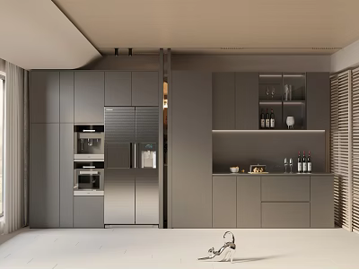 Modern Gray Kitchen Interior Design With Cabinets Refrigerator Oven And Window Features 3d model