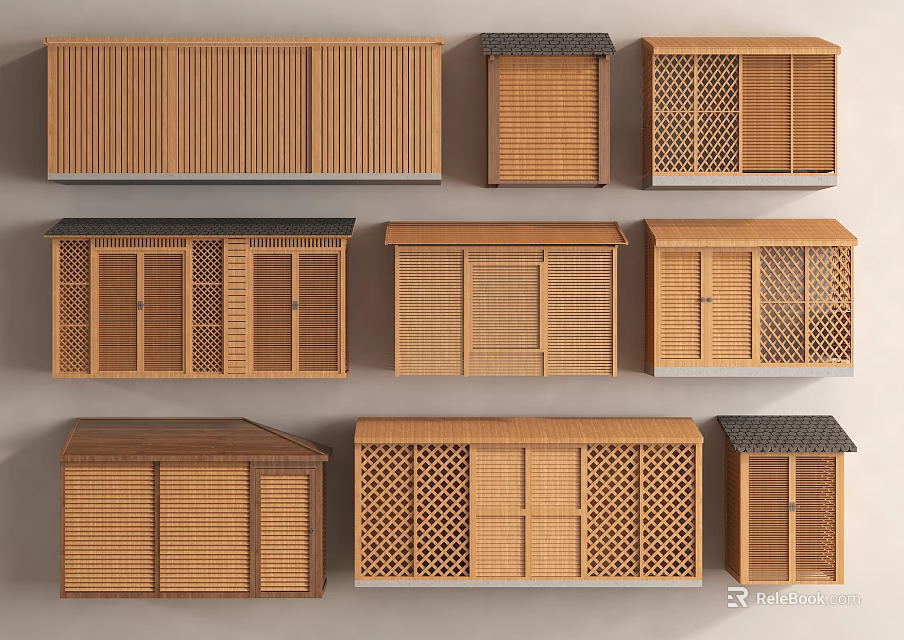 Various Wooden House Designs Featuring Lattice Windows Different Roofs And Wooden Exteriors 3d model 