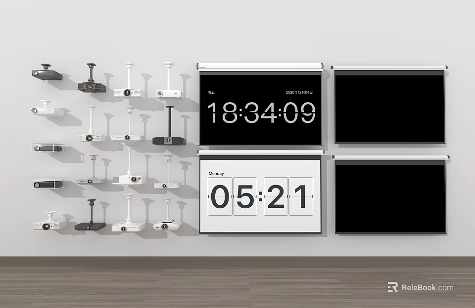 Projection Monitoring System With Multiple Surveillance Cameras And Display Screens Showing Time 3d model 