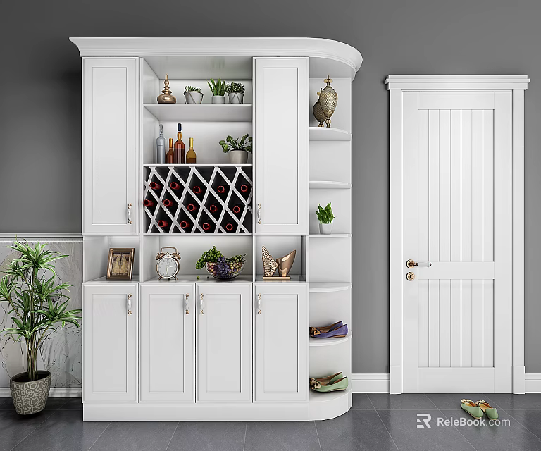 Modern White Wine Cabinet Interior With Wine Rack Decorative Items And Plants 3d model