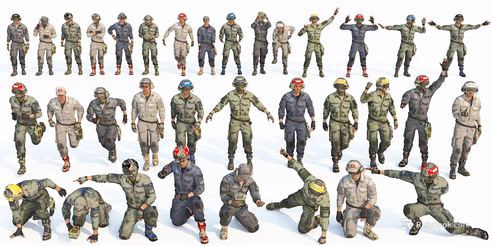 Men In Various Military Tactical Uniforms And Gear With Different Poses Standing Kneeling Raising Hands 3d model 
