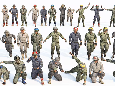 Men In Various Military Tactical Uniforms And Gear With Different Poses Standing Kneeling Raising Hands 3d model