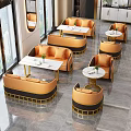 Modern Restaurant Table And Chair Set With Orange Sofa Booths White Tables And Golden Frames