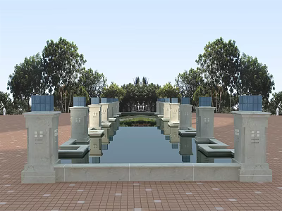 Beautiful Garden Ornament With Reflecting Pool Stone Pillars Trees On Brick Ground 3d model