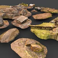 Wood and Stone Natural Materials Featuring Moss Covered Surfaces and Various Shapes