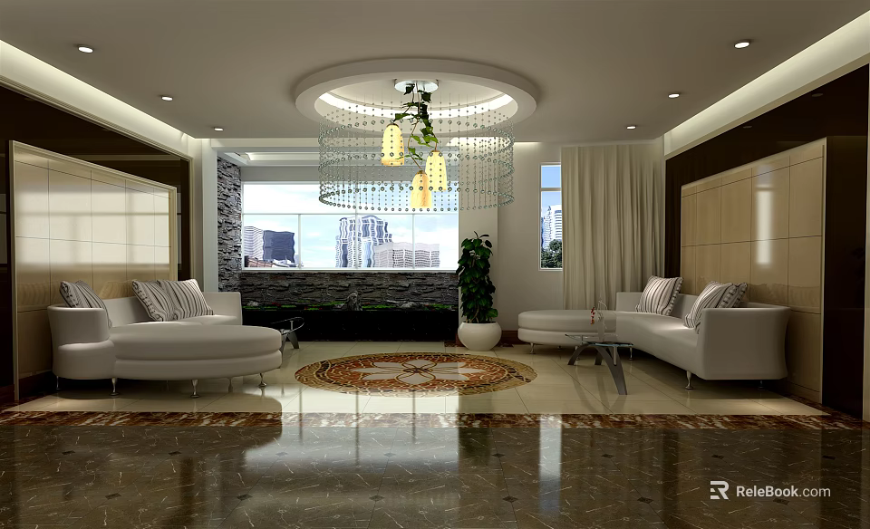 Modern Lounge Area Interior Design With White Sofas Chandelier Potted Plant And Decorative Rug 3d model 