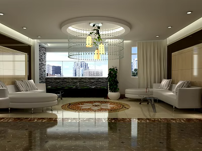 Modern Lounge Area Interior Design With White Sofas Chandelier Potted Plant And Decorative Rug 3d model