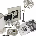 Modern Decorative Ornament Set with Table Lamp Picture Frames Decorative Branches Open Books and Skincare