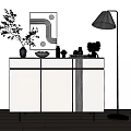 Modern White Entryway Console Cabinet With Decorative Vase Bowl And Floor Lamp