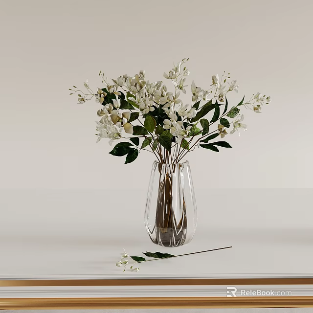 Clear Glass Vase With White Flowers Green Leaves And Single Fallen Bloom On White Background 3d model 