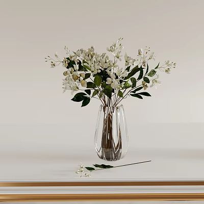 Clear Glass Vase With White Flowers Green Leaves And Single Fallen Bloom On White Background 3d model
