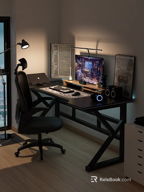 Gaming Workspace With Black Desk Computer Monitor Desk Lamp Keyboard Mouse And Gaming Chair 3d model 