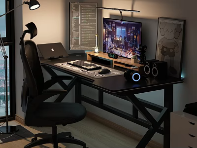 Gaming Workspace With Black Desk Computer Monitor Desk Lamp Keyboard Mouse And Gaming Chair 3d model
