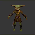 3D Fantasy Creature Character With Green Skin Pointed Ears Brown Outfit Arm And Leg Wraps