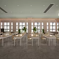 Bright School Classroom Featuring Neatly Arranged White Tables Chairs Potted Plants And Windows