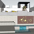 Modern Courtyard Garden with Purple Flowers Green Plants Steps Lighted Wall and Water Pool