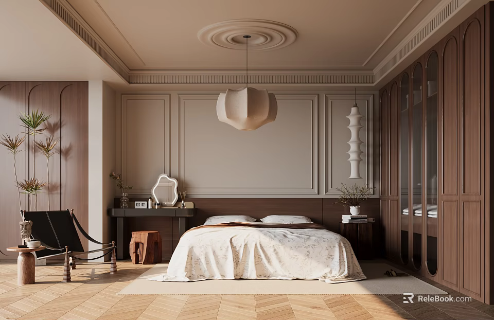 Serene Modern Bedroom Interior With Wooden Furniture Beige Walls And Pendant Light 3d model 