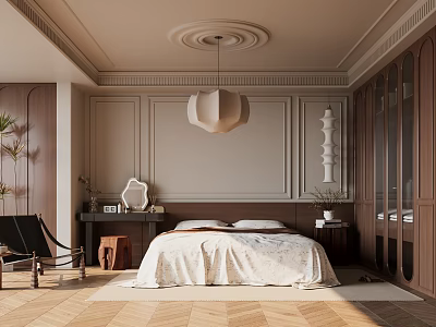 Serene Modern Bedroom Interior With Wooden Furniture Beige Walls And Pendant Light 3d model