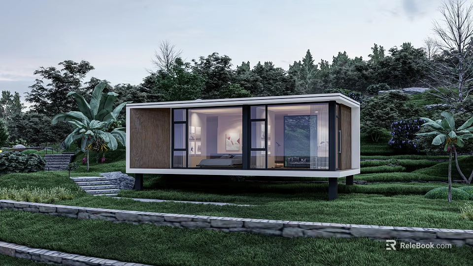 Modern Guesthouse Building With Large Glass Windows And Natural Green Surroundings 3d model 