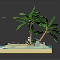 Cartoon Tropical Island Scene With Palm Trees Hammock Sand Water Rocks And Seashells