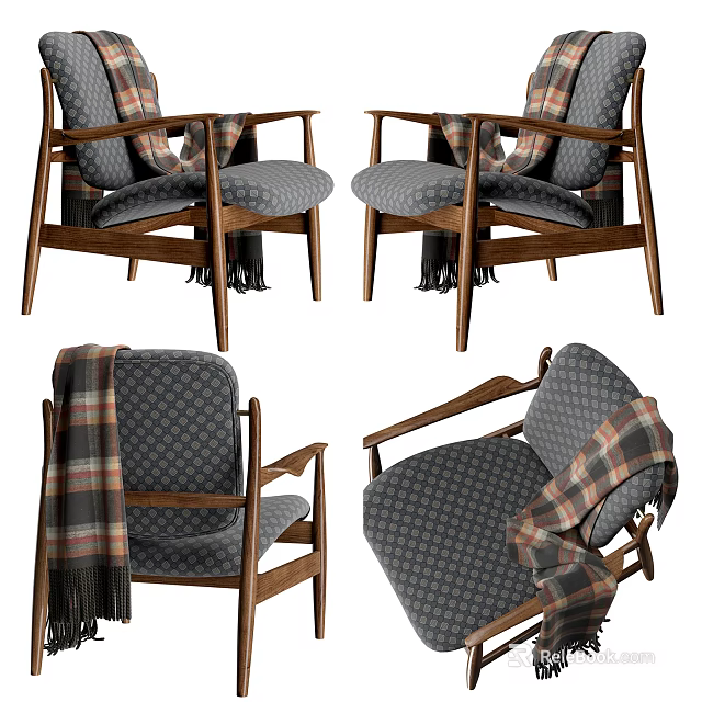 Single Chair With Wooden Frame Gray Fabric And Plaid Blanket Design 3d model 
