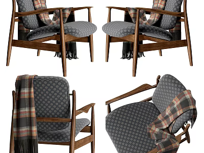 Single Chair With Wooden Frame Gray Fabric And Plaid Blanket Design 3d model