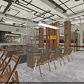 Industrial Style Hotpot Restaurant Interior With Wooden Tables Chairs Hanging Lamps And Open Kitchen