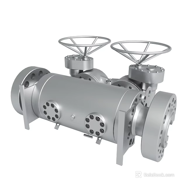 Industrial Metal Valve Device With Cylindrical Body Dual Wheel Handles And Flange Connections 3d model 