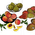 Fresh Peaches Pears And Mangoes With Sliced Fruit Leaves In Bowls And Plates