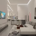 Modern Showroom Interior With Display Counter Tables Chairs And Circular Wall Lighting