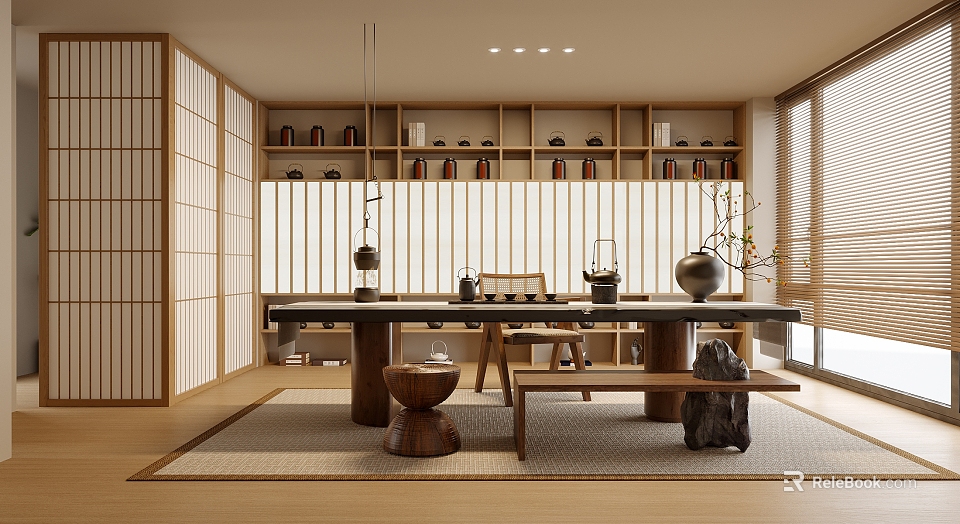 Japanese Style Tea Room Interior With Wooden Shelves Tea Sets Long Table And Wooden Stools 3d model 
