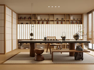 Japanese Style Tea Room Interior With Wooden Shelves Tea Sets Long Table And Wooden Stools 3d model