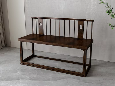 Modern Wooden Bench With Simple Structure Against Gray Wall And Green Plant 3d model